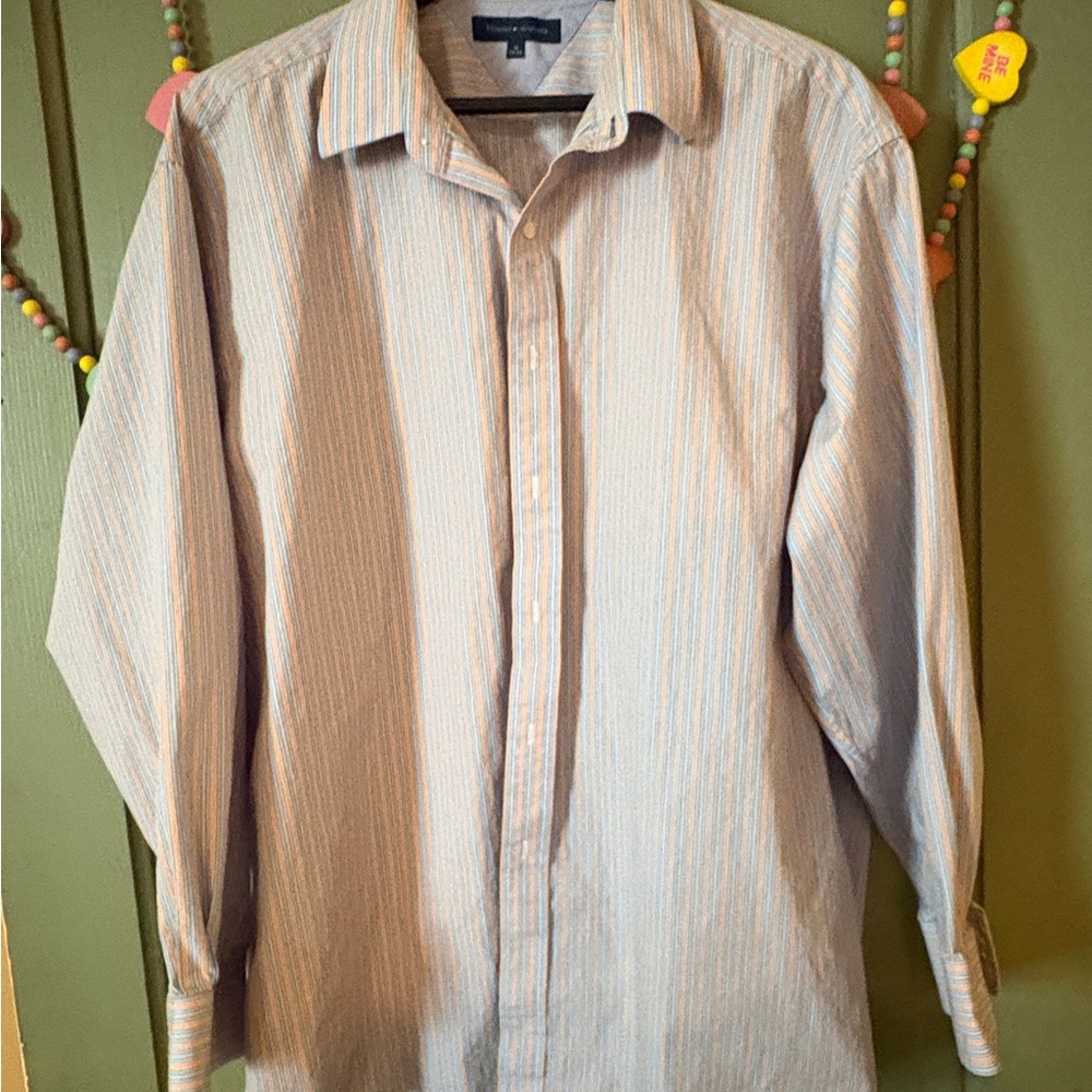Tommy Hilfiger Men's Casual Striped Shirt - Blue, Orange and White